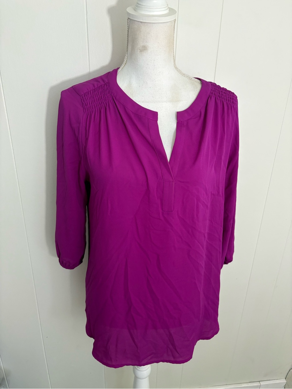 Pleione Magenta Split-Neck Blouse with Smocked Shoulders